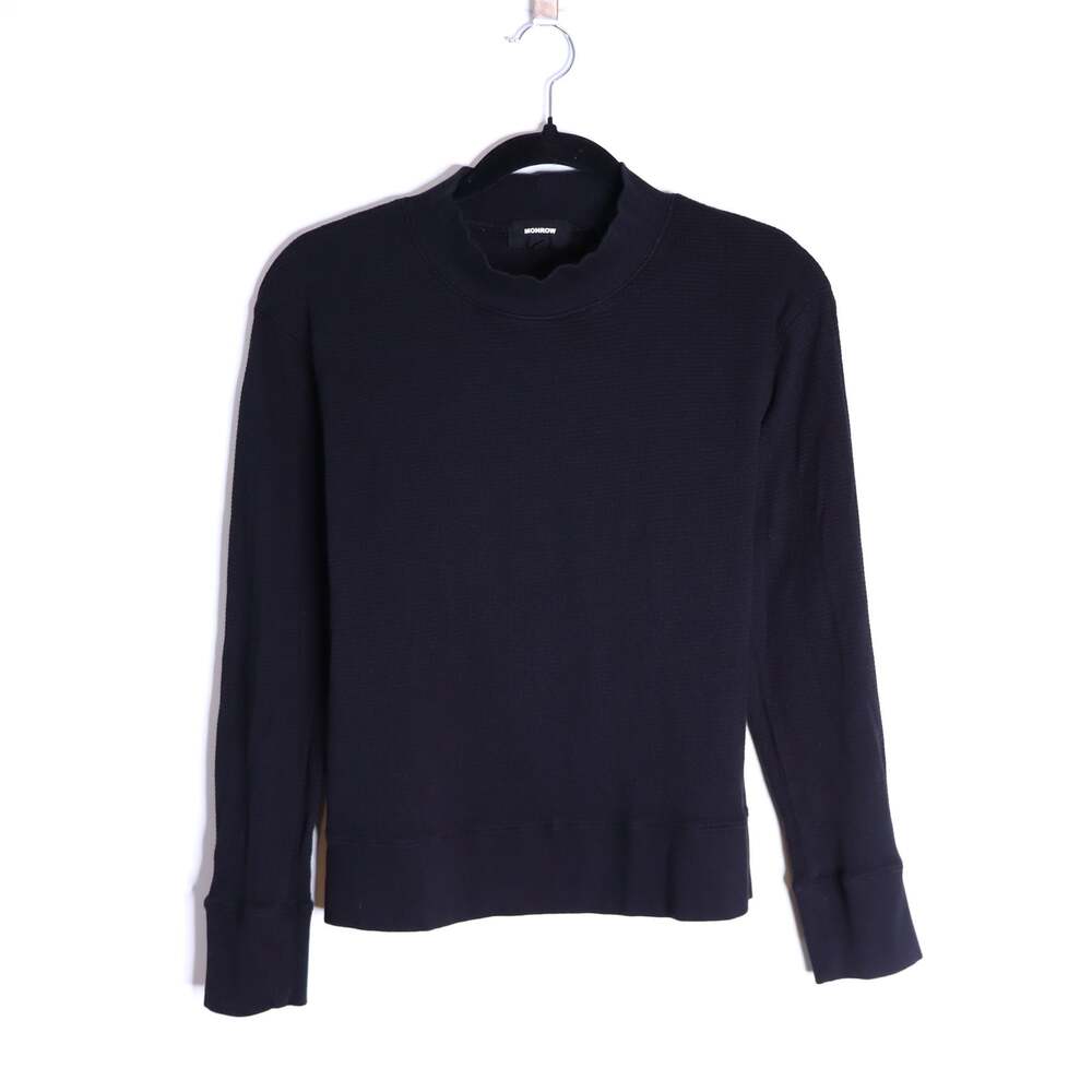 MONROW Mock Neck Top Black Waffle Knit Long Sleeve Women's S